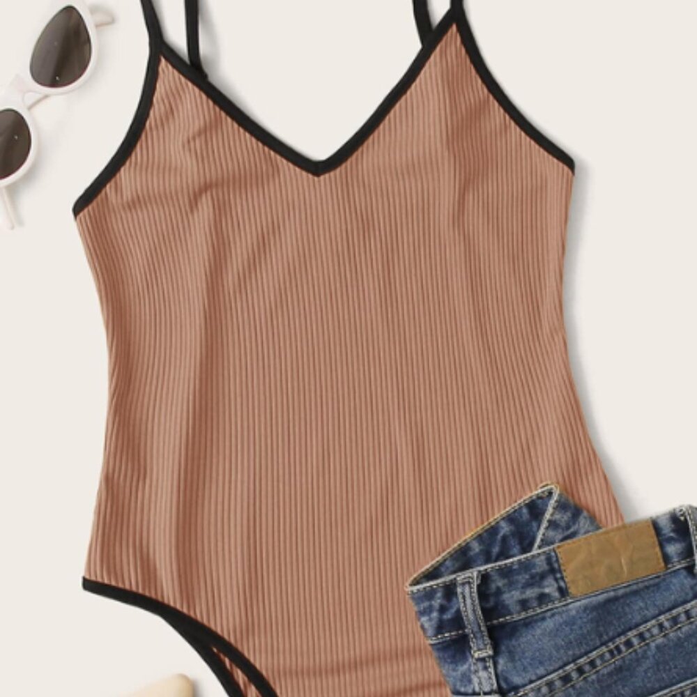 Ribbed Tan/Black Spaghetti Strap Body Suit